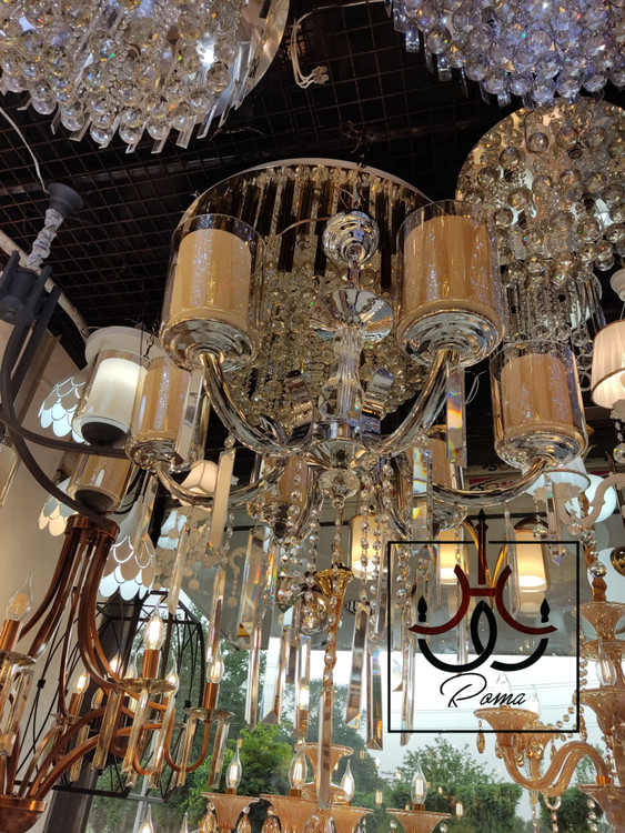 لوستر ماهی رنگ سیلور با کریستالهای براق و طراحی خاص مناسب فضاهای لوکس و لاکچری | لوسترروما