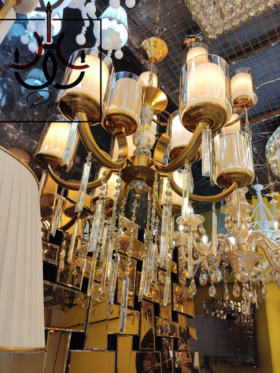 لوستر ماهی لهستانی زیتونی رنگ با کریستالهای شفاف مناسب پذیرایی و سالن