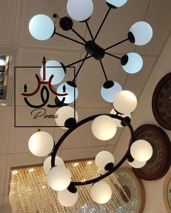 لوستر گرد مولکولی ۱۲ شاخه با طراحی مینیمال مشکی مناسب دکور مدرن