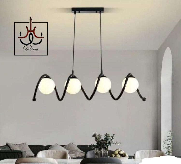 لوستر فنری لاینر چهار شعله با طراحی مدرن، مناسب نورپردازی جزیره، ناهارخوری و آشپزخانه مشکی مینیمال مولکولی