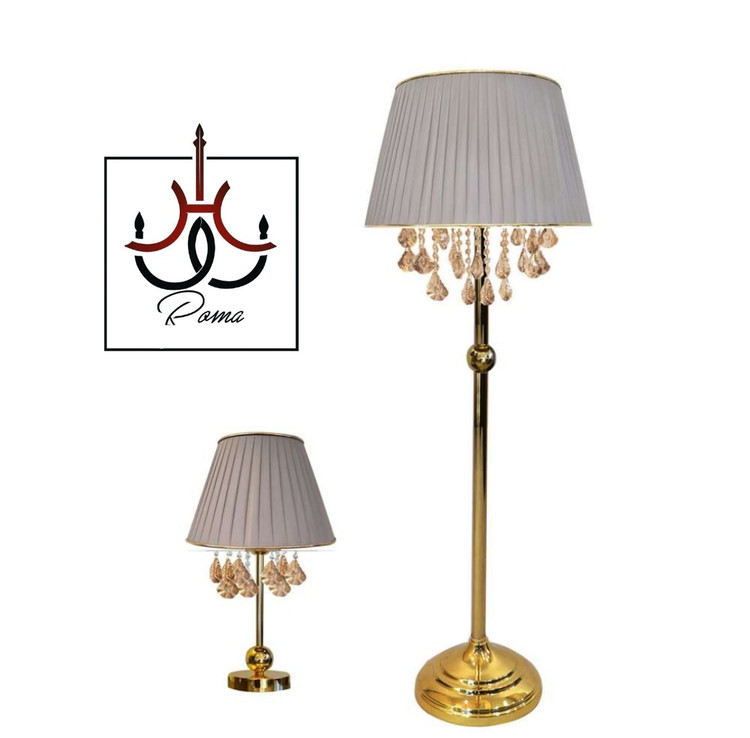 ست آباژور رومیزی و ایستاده افروز با بدنه و آویز کریستالی طلایی، مناسب پذیرایی و اتاق خواب