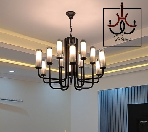 لوستر مدرن مشکی ۱۲ شعله مدل لومینا با طراحی خاص، نوردهی قوی و مناسب سقف متوسط، برند رومالوستر