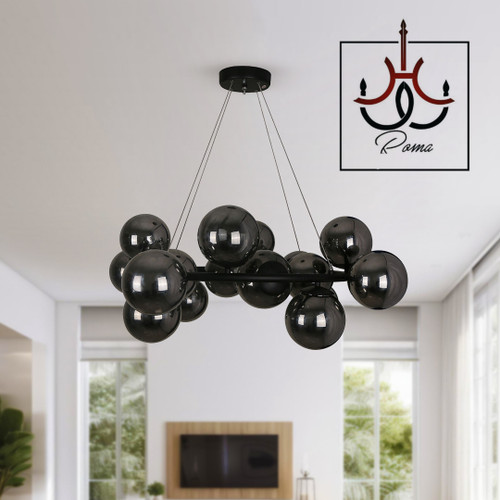 لوستر مولکولی گرد ۱۵ شعله رنگ مشکی مات با حباب دودی مناسب پذیرایی، آشپزخانه، بیلیارد، کافه و مغازه از برند رومالوستر