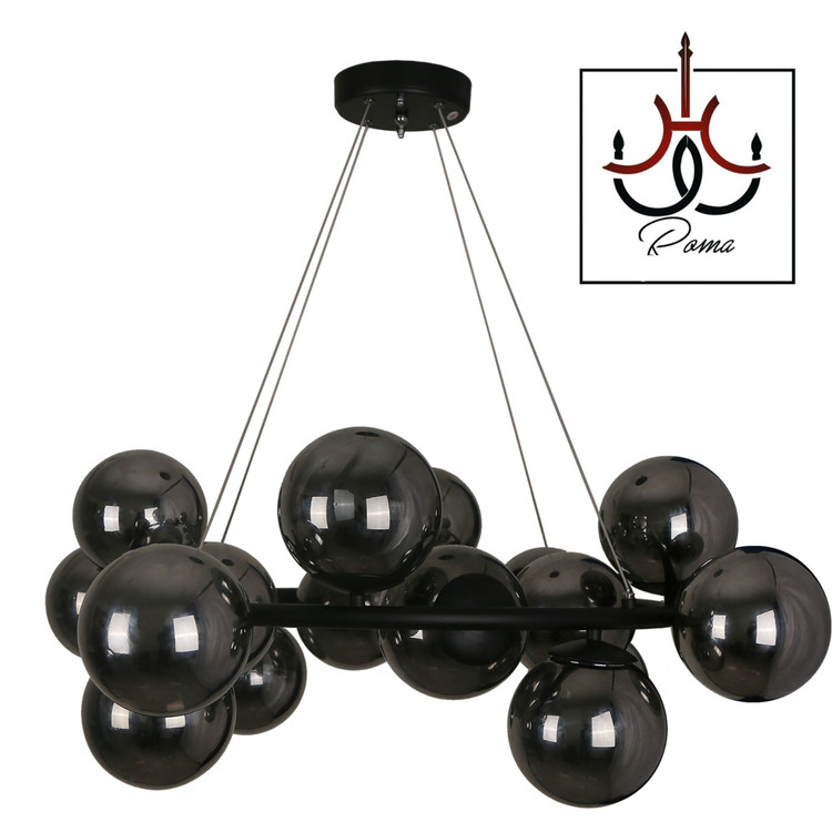لوستر مولکولی گرد ۱۵ شعله رنگ مشکی مات با حباب دودی مناسب پذیرایی، آشپزخانه، بیلیارد، کافه و مغازه از برند رومالوستر