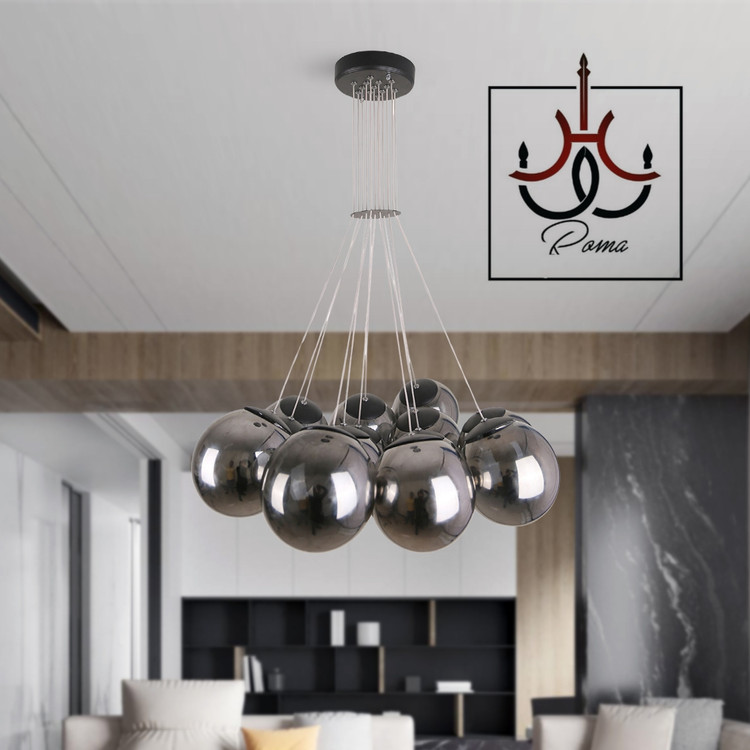 لوستر مدرن ابری مولکولی ده شاخه رنگ مشکی با حباب دودی مناسب اتاق خواب، کافه، گالری و فروشگاه برند رومالوستر