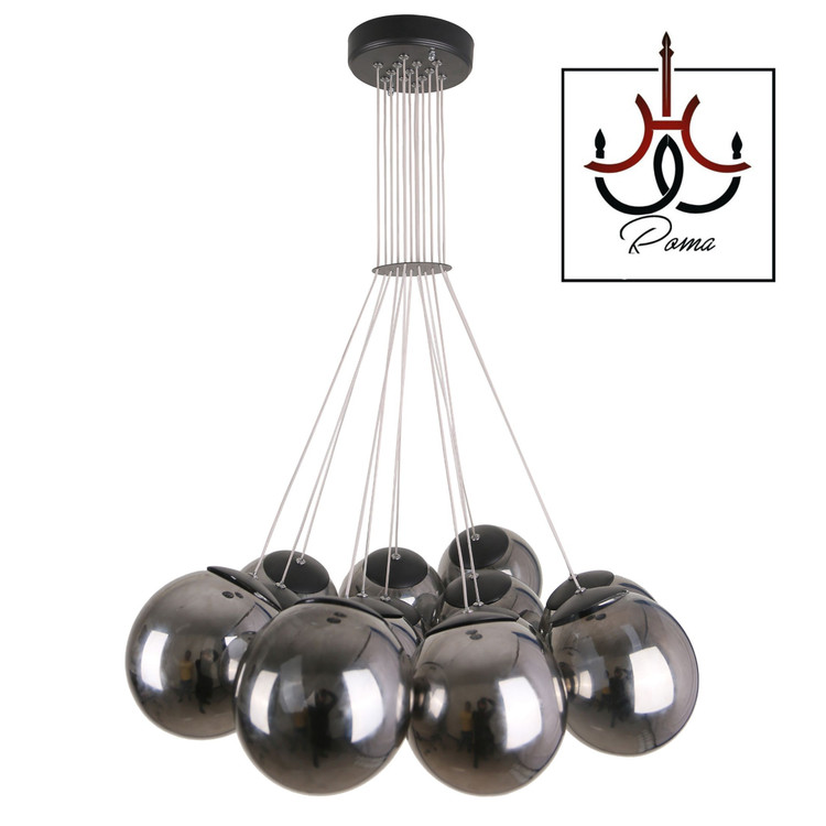 لوستر مدرن ابری مولکولی ده شاخه رنگ مشکی با حباب دودی مناسب اتاق خواب، کافه، گالری و فروشگاه برند رومالوستر