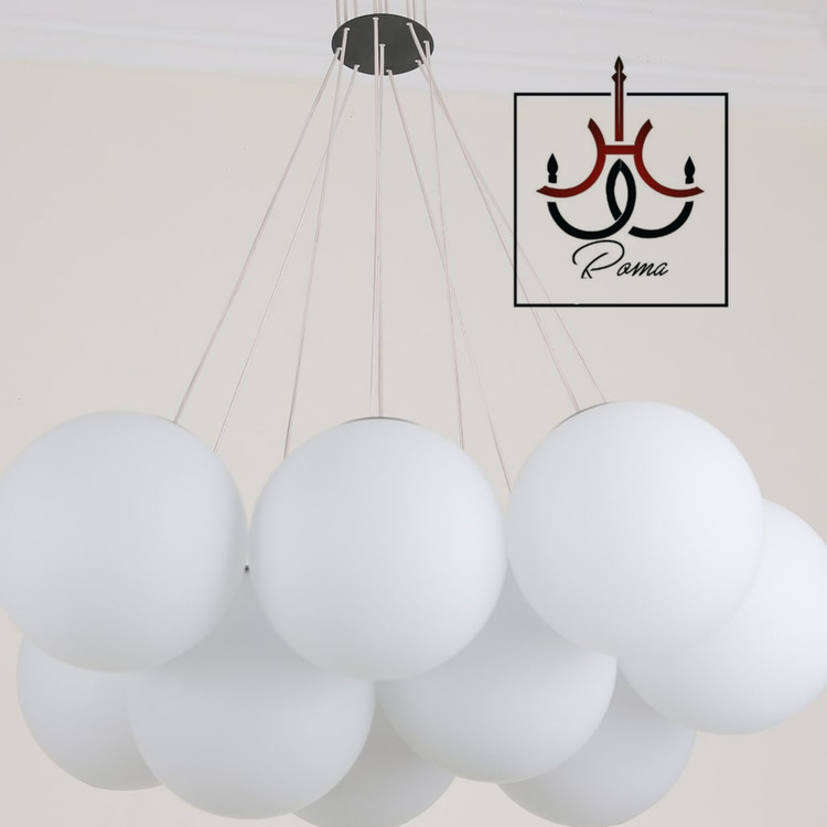 لوستر مولکولی ابری ۹ شاخه با حبابهای عسلی، دودی و سفید مات | طراحی مینیمال مناسب دکور مدرن