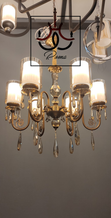 لوستر بهار ۶ شاخه با آویز کریستالی شفاف و طراحی مدرن مناسب فضاهای پذیرایی و نشیمن