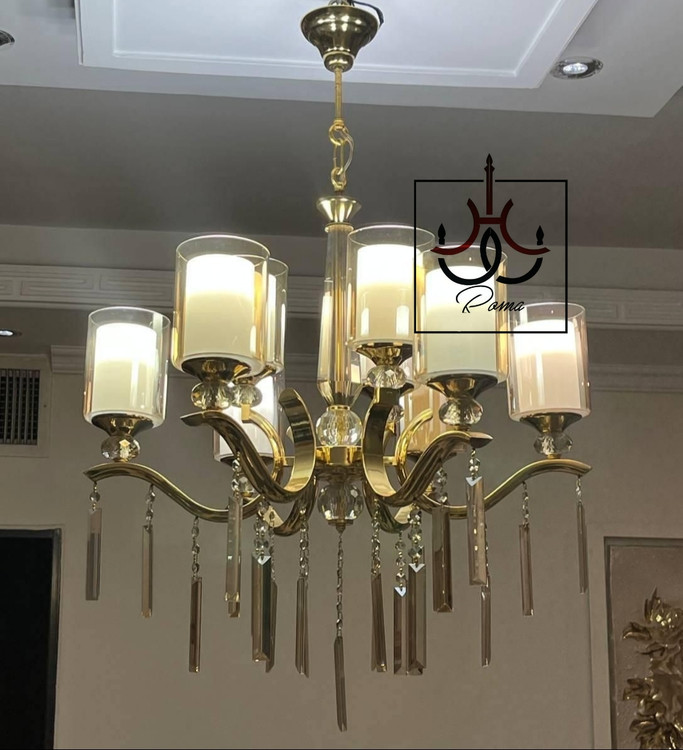 لوستر ۹ شاخه لهستانی مرغابی رنگ طلایی با آویزهای کریستالی و طراحی لوکس مناسب پذیرایی و سالن
