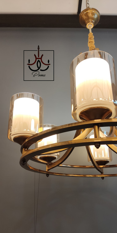 لوستر مدرن عصایی دو رینگ شش شاخه زیتونی | مناسب سالن و پذیرایی | نوردهی ۳۵ متر | قطر ۶۵
