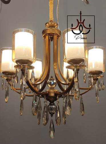 لوستر افروز کریستالی شش شاخه با بدنه زیتونی و آویزهای درخشان مناسب پذیرایی رومالوستر