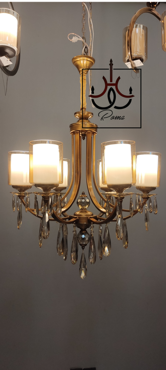 لوستر افروز کریستالی شش شاخه با بدنه زیتونی و آویزهای درخشان مناسب پذیرایی